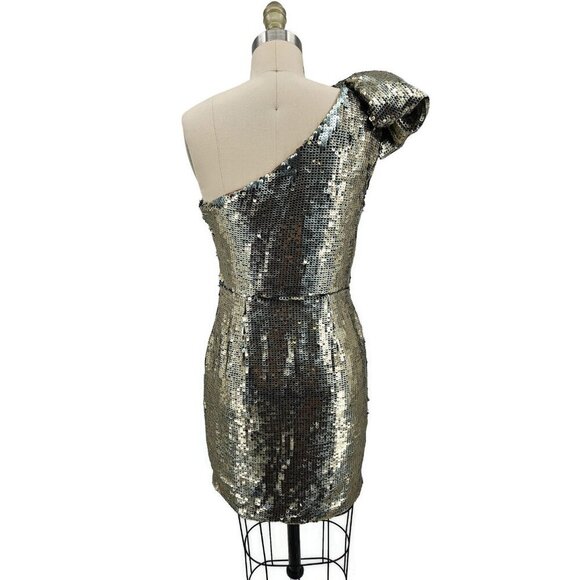 New Maeve One Shoulder Gold Sequin Mini Dress Womens 4 Body Con - Picture 6 of 10